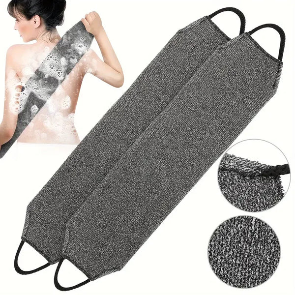 Black exfoliating body scrubbers shown with a woman using one on her skin and several product views.