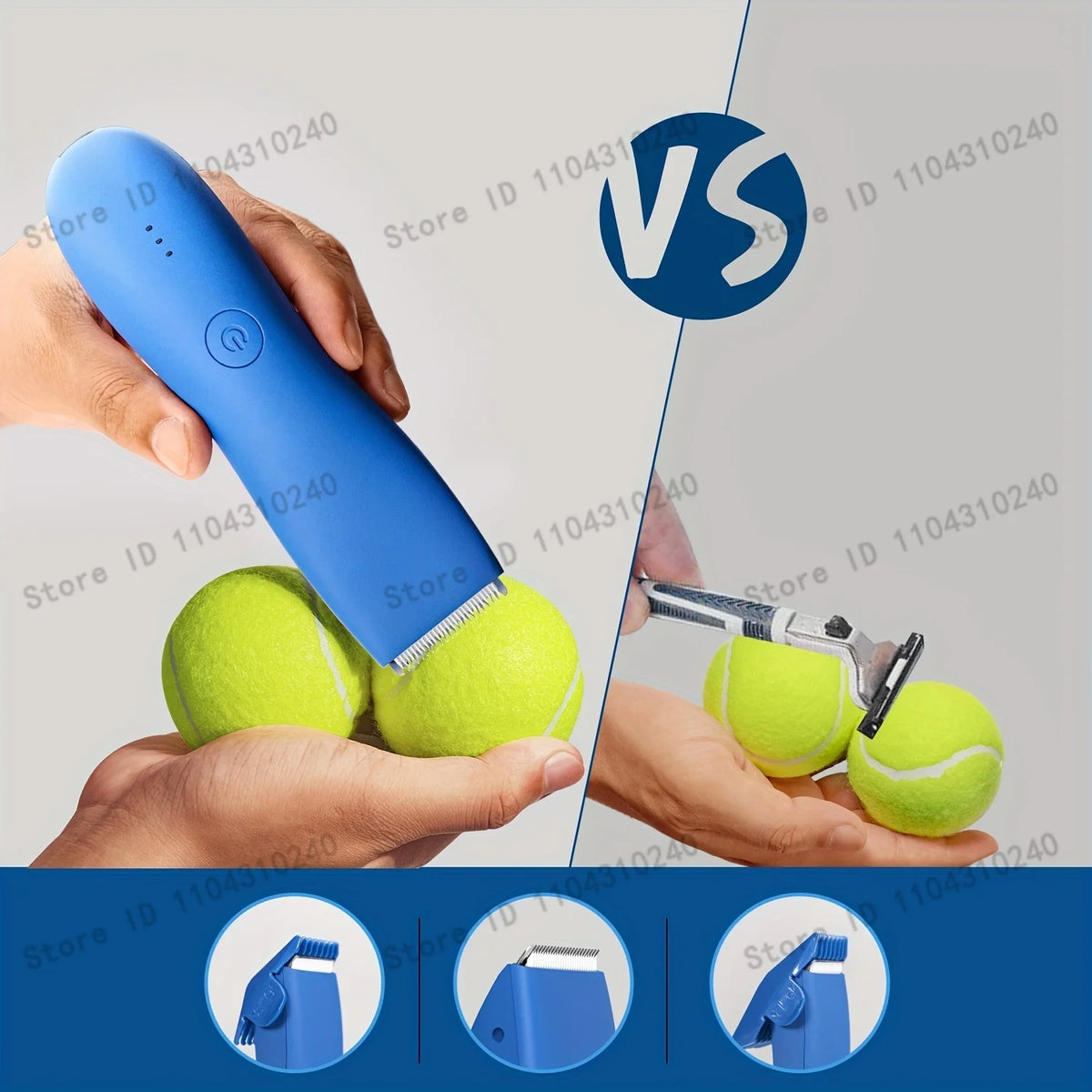Hands hold a blue professional body and personal hair trimmer next to green tennis balls.