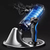 A blue electric shaver razor is shown on a black charging base with a shaver head above it.