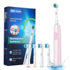 A pink rechargeable electric toothbrush with a white handle and blue bristles is shown next to its packaging.