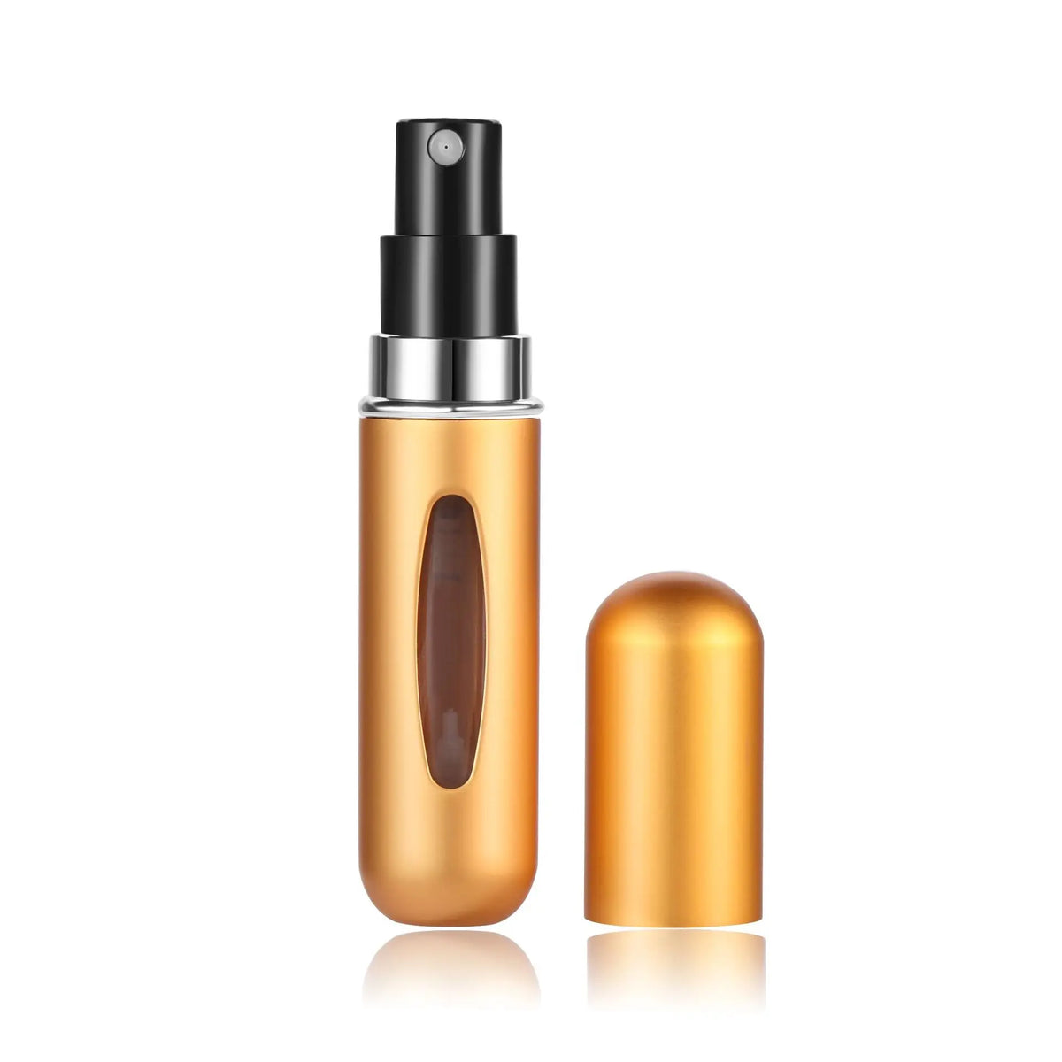 A gold-colored perfume bottle with a black spray top and an empty refill container.