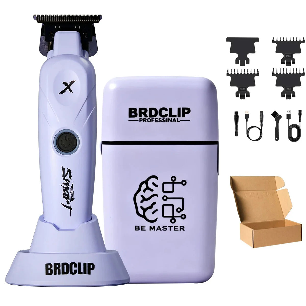 A purple BRDCLIP professional hair trimmer set including the device, attachments, and packaging box.