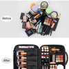 A black portable makeup organizer bag showing before and after organization of various makeup accessories.