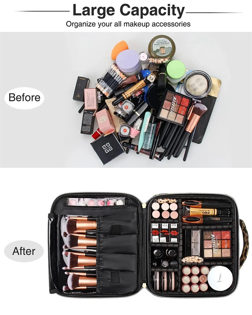 A black portable makeup organizer bag showing before and after organization of various makeup accessories.