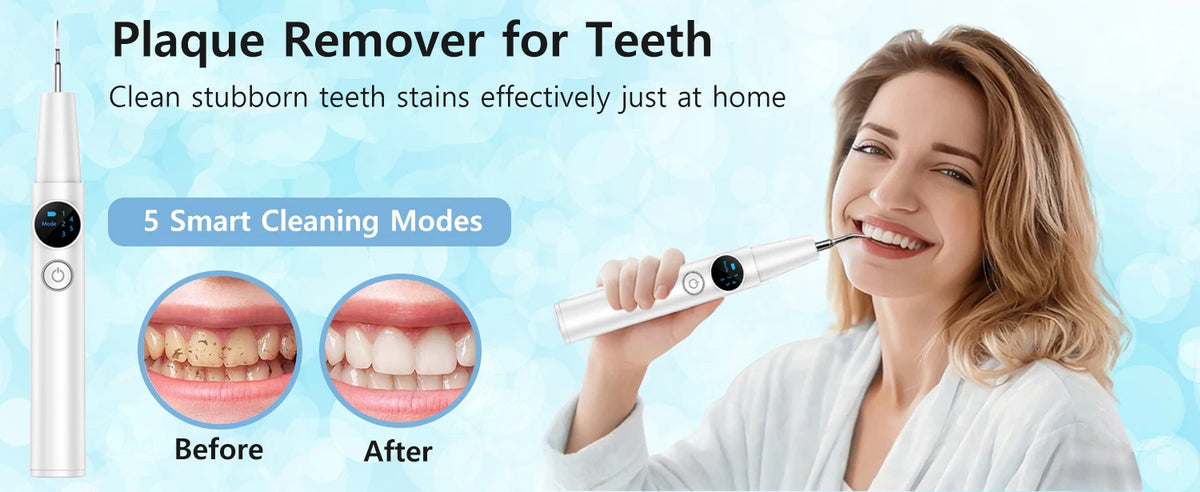 A woman is using a white plaque remover device on her teeth, demonstrating before and after cleaning results.