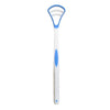 A blue and white silicone tongue scraper for oral hygiene.