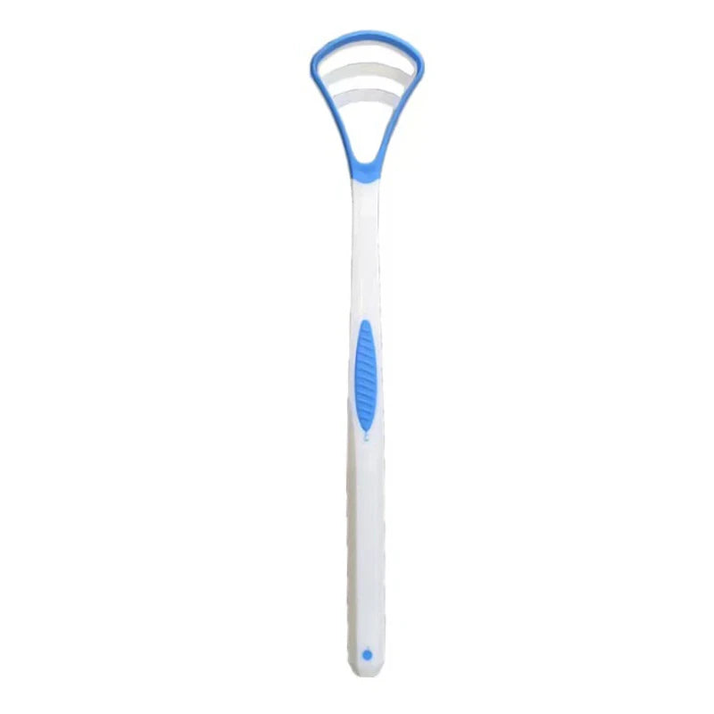 A blue and white silicone tongue scraper for oral hygiene.