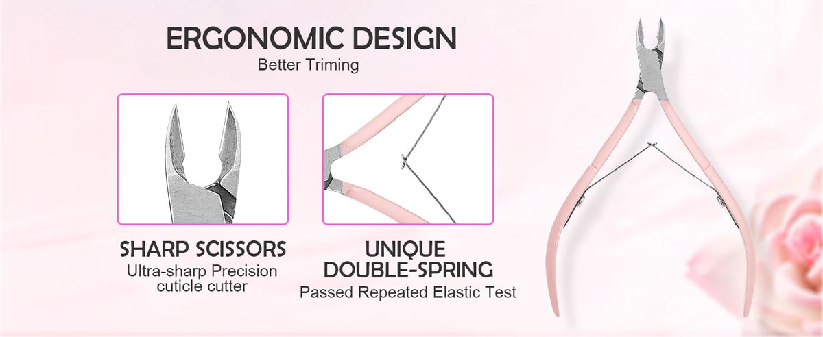 Une paire de ciseaux professionnels en acier inoxydable rose avec un mécanisme à ressort double unique pour couper les cuticu