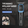 A black Kemel Type Radiance Intelligent Barber grooming device with a blue accent, shown next to various haircut examples.