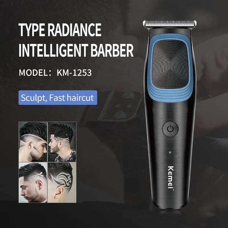 A black Kemel Type Radiance Intelligent Barber grooming device with a blue accent, shown next to various haircut examples.