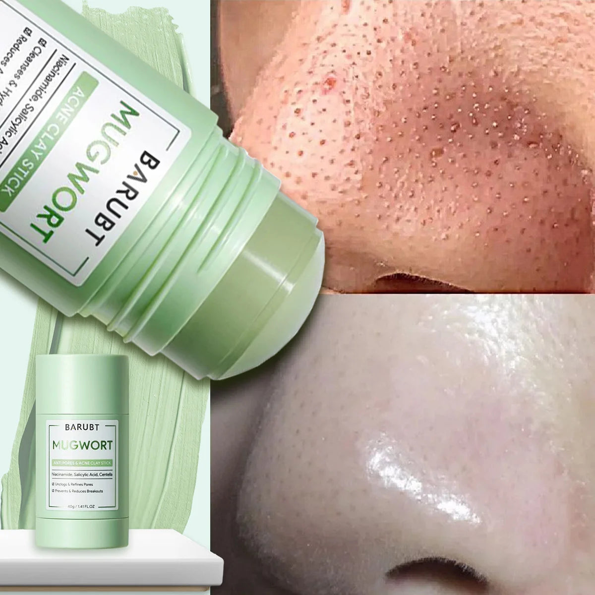 A stick of Barubt Mugwort Deep Pore Cleansing Mask shown next to a close-up of skin.