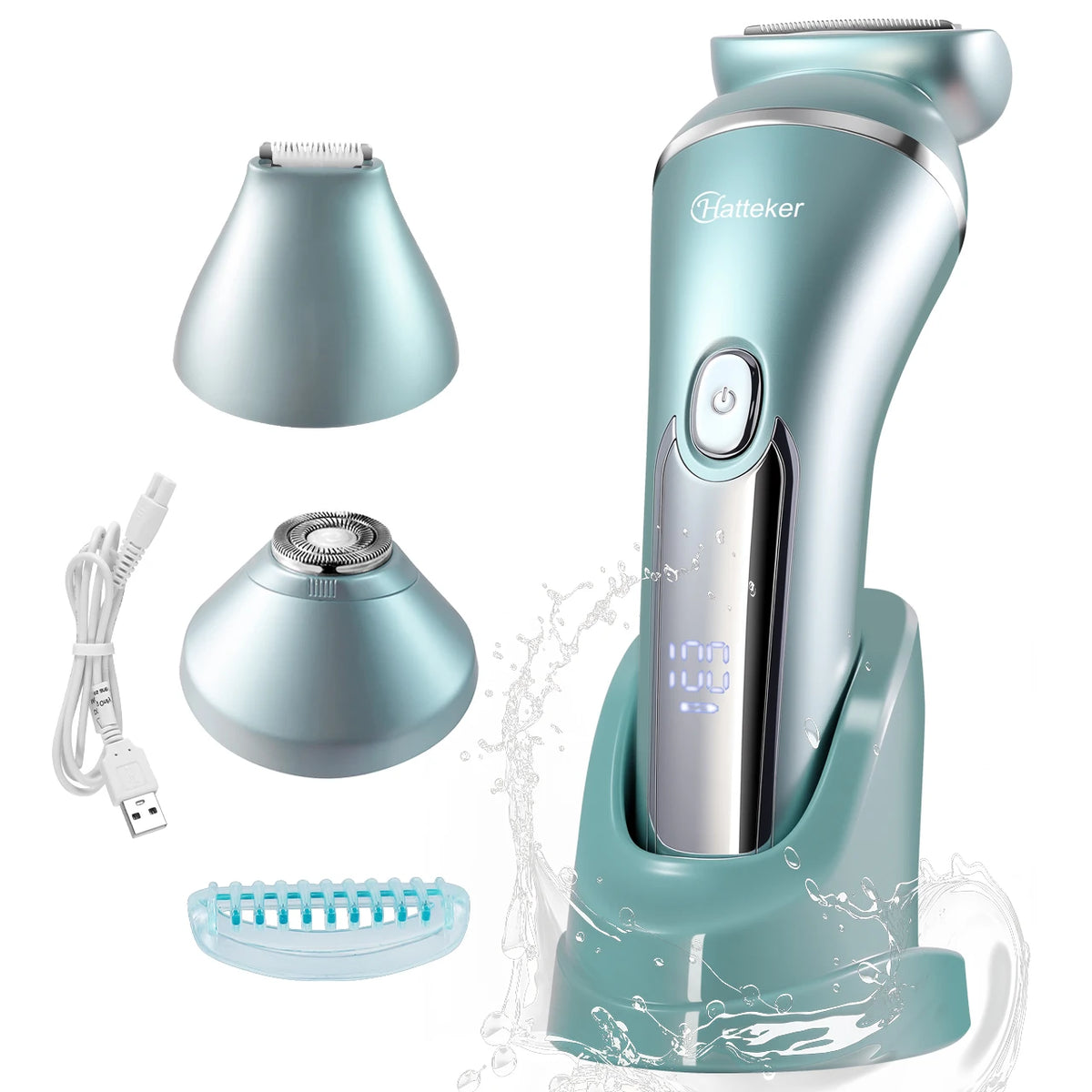 A light blue and silver 2-in-1 rotary body and facial hair remover device shown with its components.