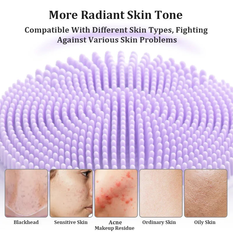 A purple sonic facial cleansing brush shown alongside examples of skin types including blackhead, sensitive skin, acne, ordin