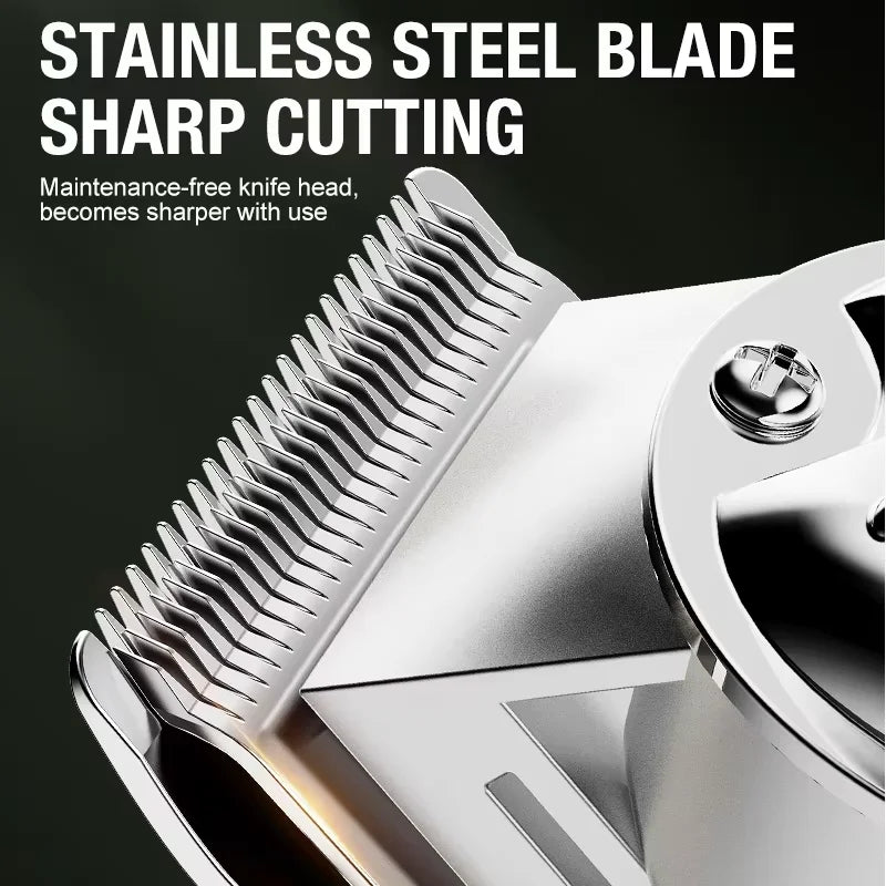 Close-up of a stainless steel blade on an electric hair clipper showing sharp cutting teeth.