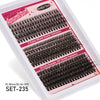 A set of three styles of mixed cluster eyelashes including natural curl and D curly Russian DIY lashes in a white container