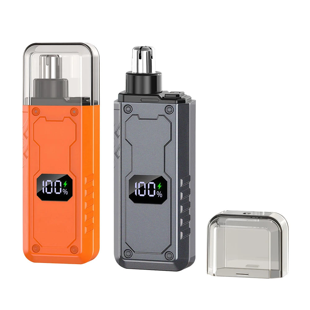 A portable electric nose hair trimmer in orange and gray with a clear protective cover.
