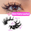 Close-up of a woman's eye showing wet fairy lashes with 20mm length and 37mm span.