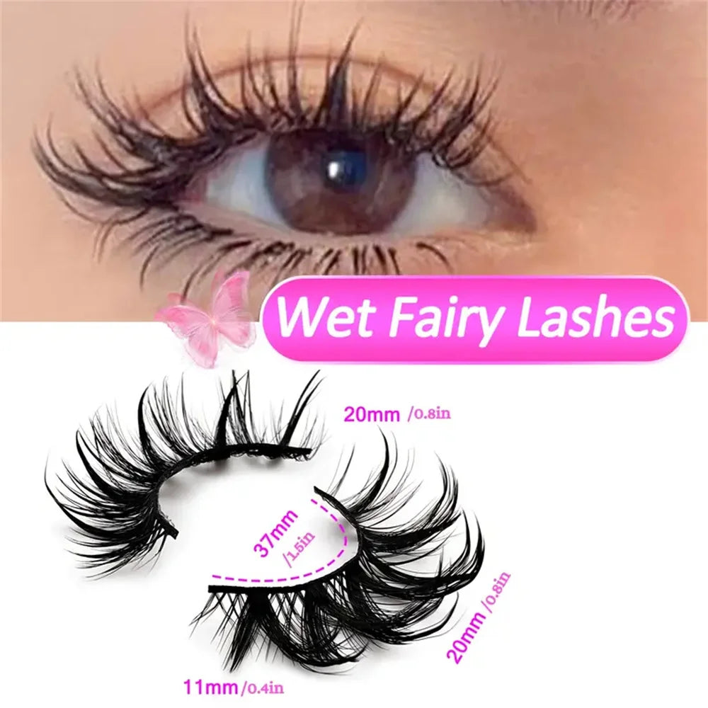 Close-up of a woman's eye showing wet fairy lashes with 20mm length and 37mm span.