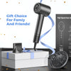 A black professional high-speed ionic hair dryer is shown next to its packaging and a mesh attachment.