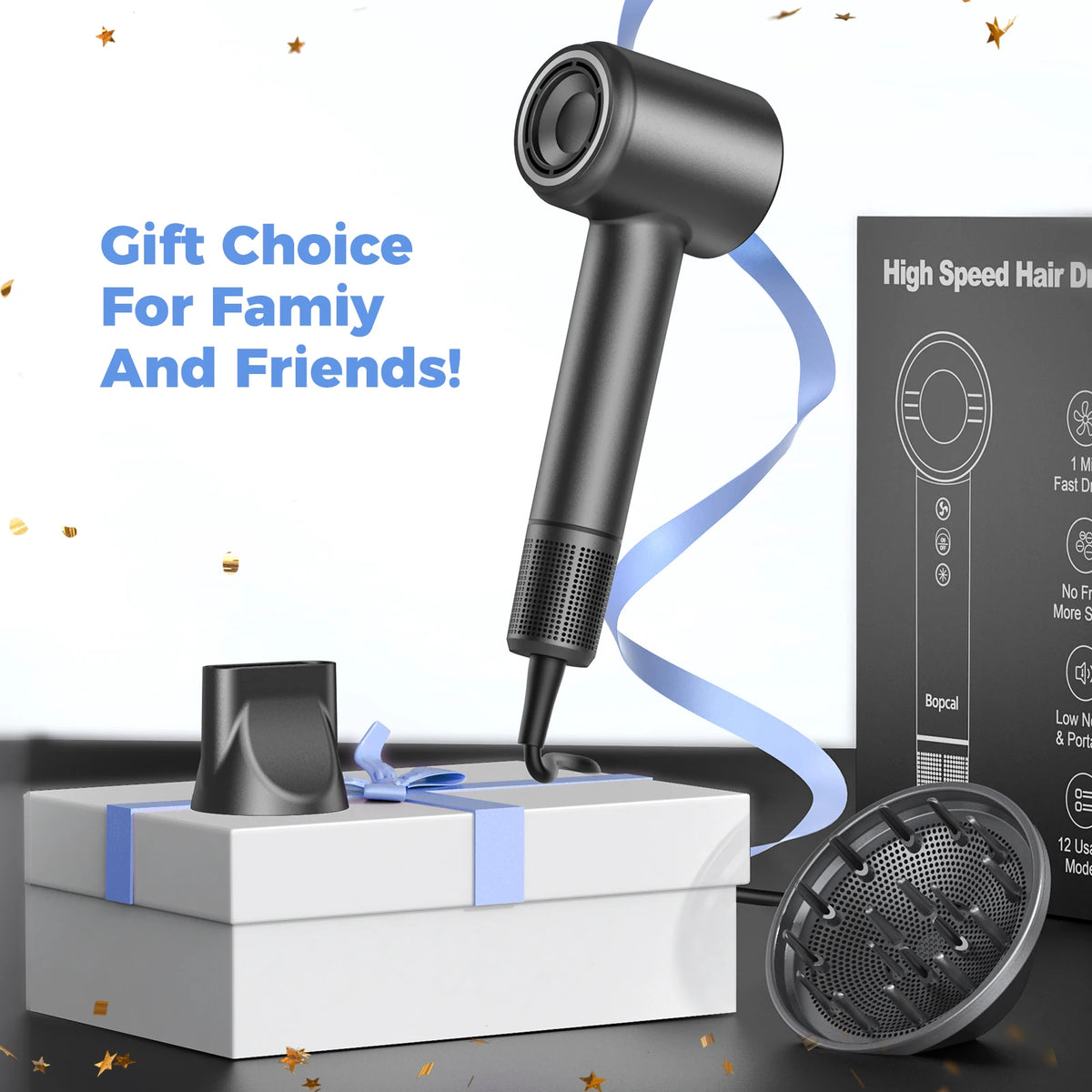 A black professional high-speed ionic hair dryer is shown next to its packaging and a mesh attachment.