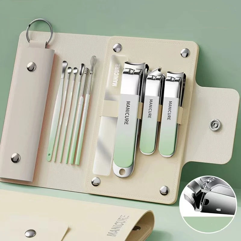 A beige manicure kit with several stainless steel tools including nail clippers and files.