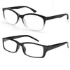 Une paire de lunettes de lecture noires, rectangulaires, avec des verres clairs et une monture fine.