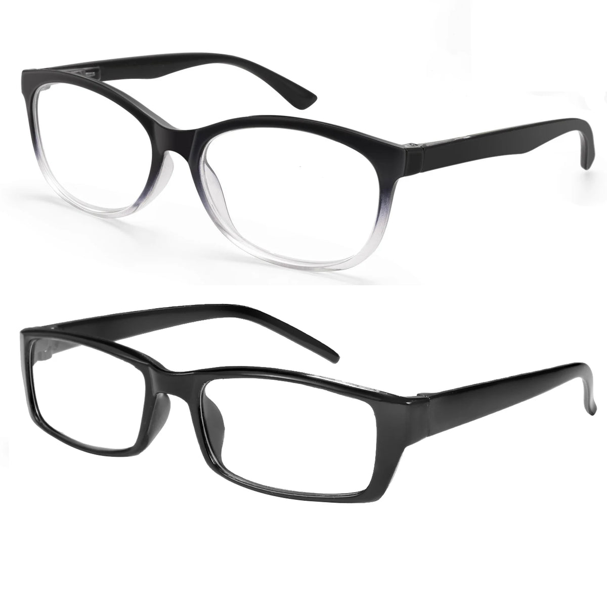 Une paire de lunettes de lecture noires, rectangulaires, avec des verres clairs et une monture fine.