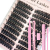 A pink DIY lash extension kit showing various lash styles and tools for salon use