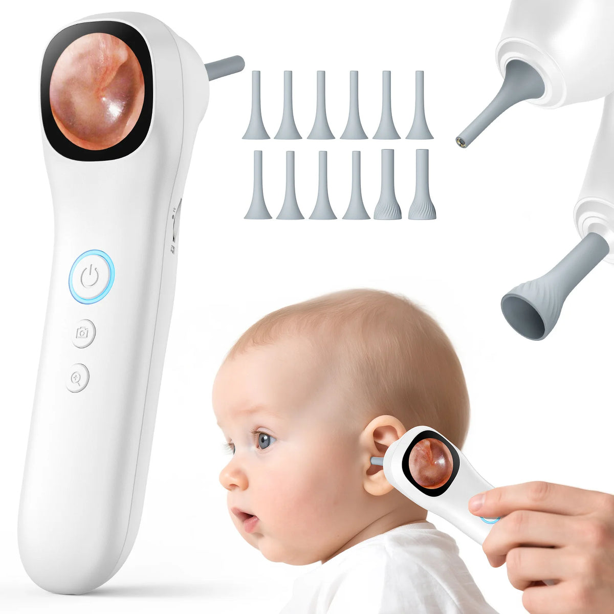 A portable HD ear camera device is shown next to a set of inspection tips and being used on an infant's ear.