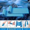 A stack of blue sports towels is shown with instructions for soaking, wringing, shaking, and wearing them on the neck.