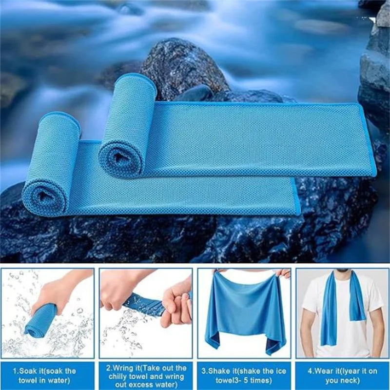 A stack of blue sports towels is shown with instructions for soaking, wringing, shaking, and wearing them on the neck.