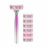 A pink and silver professional 6-layer stainless steel safety razor with multiple blades.