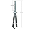 Peigne papillon pliable en acier inoxydable avec mesures affichées.