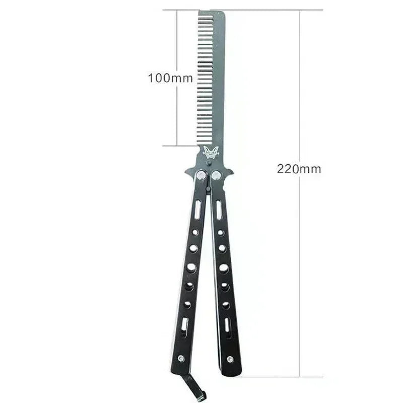 Peigne papillon pliable en acier inoxydable avec mesures affichées.