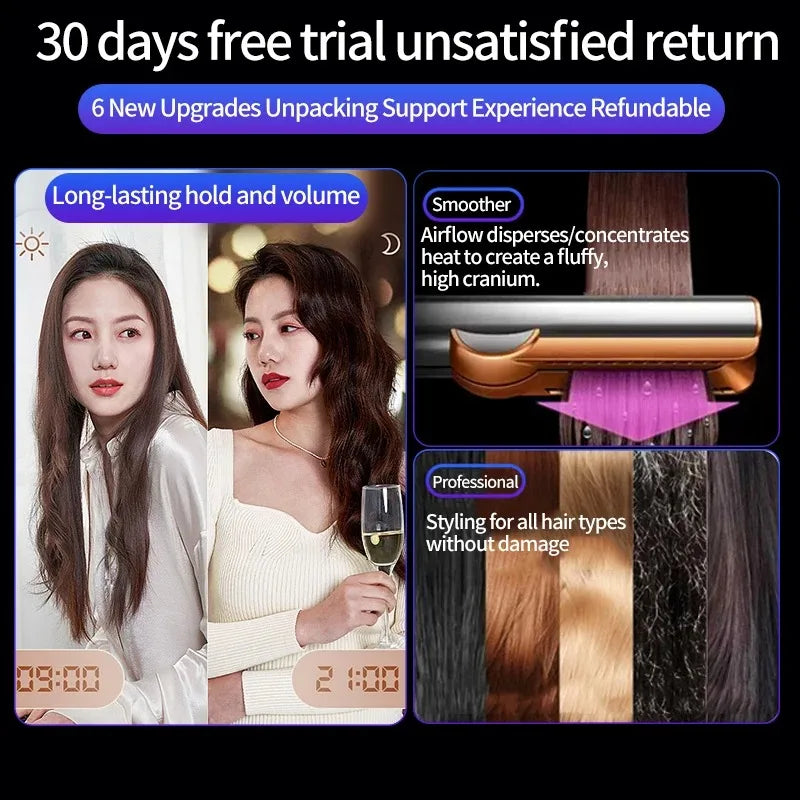 A professional 2-in-1 hair straightener is shown with various hair types and styling results.