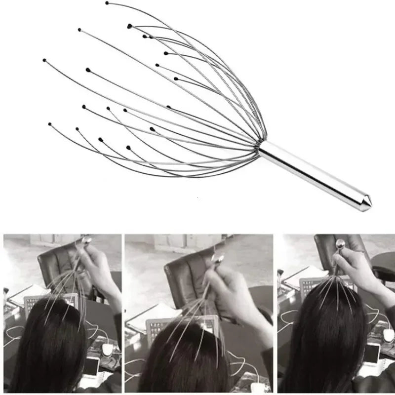 A stainless steel scalp massager is shown being used on a person's head for deep relaxation.