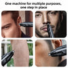 Close-up shots of a professional electric nose and ear hair trimmer being used on various parts of the face and body.