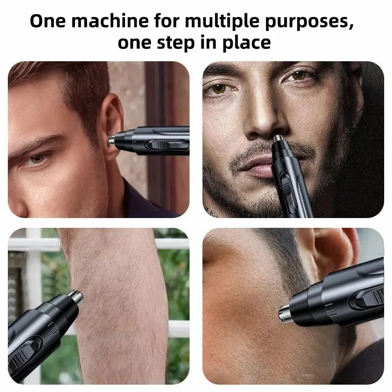 Close-up shots of a professional electric nose and ear hair trimmer being used on various parts of the face and body.