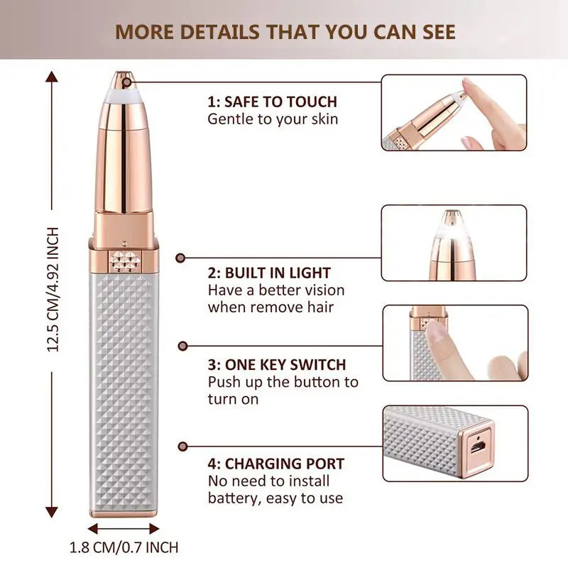 Vista cercana de un recortador de cejas eléctrico rosa y afeitadora de labios con varias funciones destacadas.