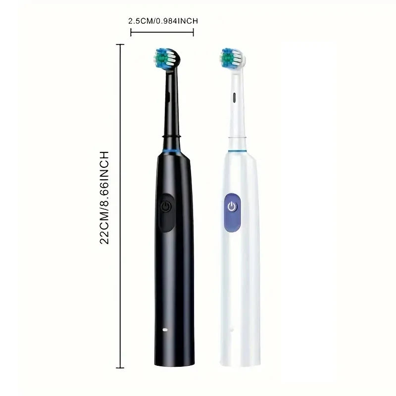 A black and white rotary rechargeable electric toothbrush is shown next to its packaging dimensions.