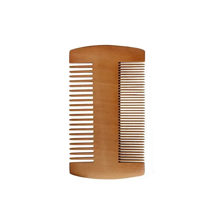 A wooden boar bristle beard and mustache comb set with parallel teeth.