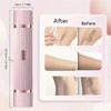 A pink portable dual-head electric shaver shown with before and after results for hair removal.