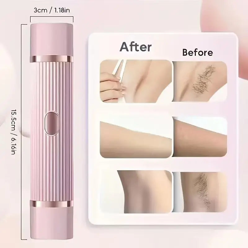 A pink portable dual-head electric shaver shown with before and after results for hair removal.