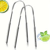 A set of stainless steel tongue scrapers with a lime slice for oral hygiene.