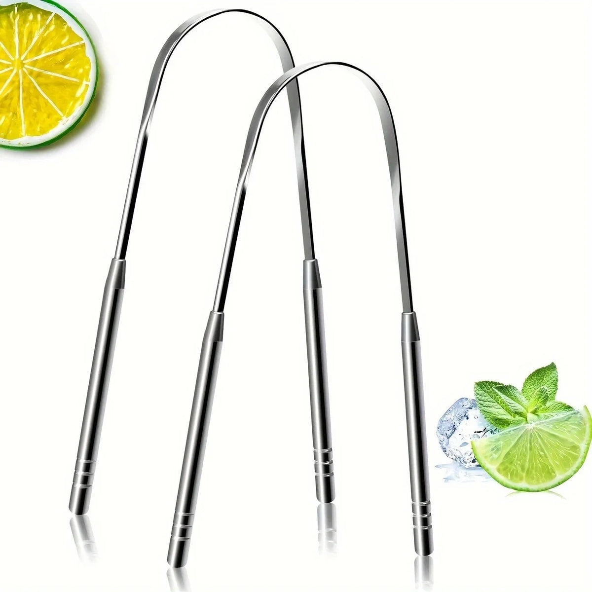 A set of stainless steel tongue scrapers with a lime slice for oral hygiene.