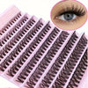 A pink lash comb with black cluster eyelashes and a close-up of an eye showcasing the lashes.
