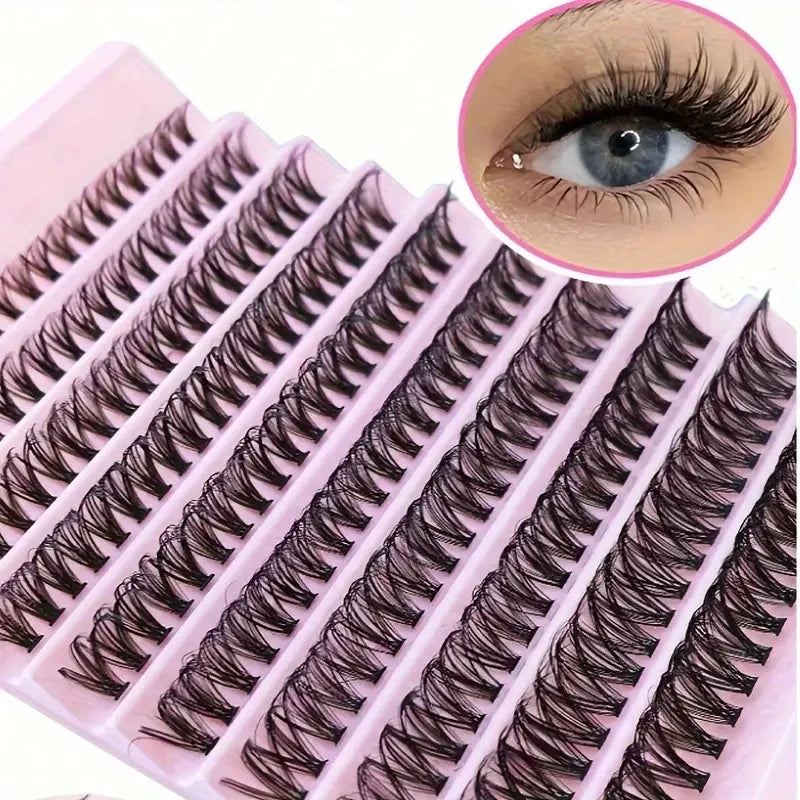 A pink lash comb with black cluster eyelashes and a close-up of an eye showcasing the lashes.