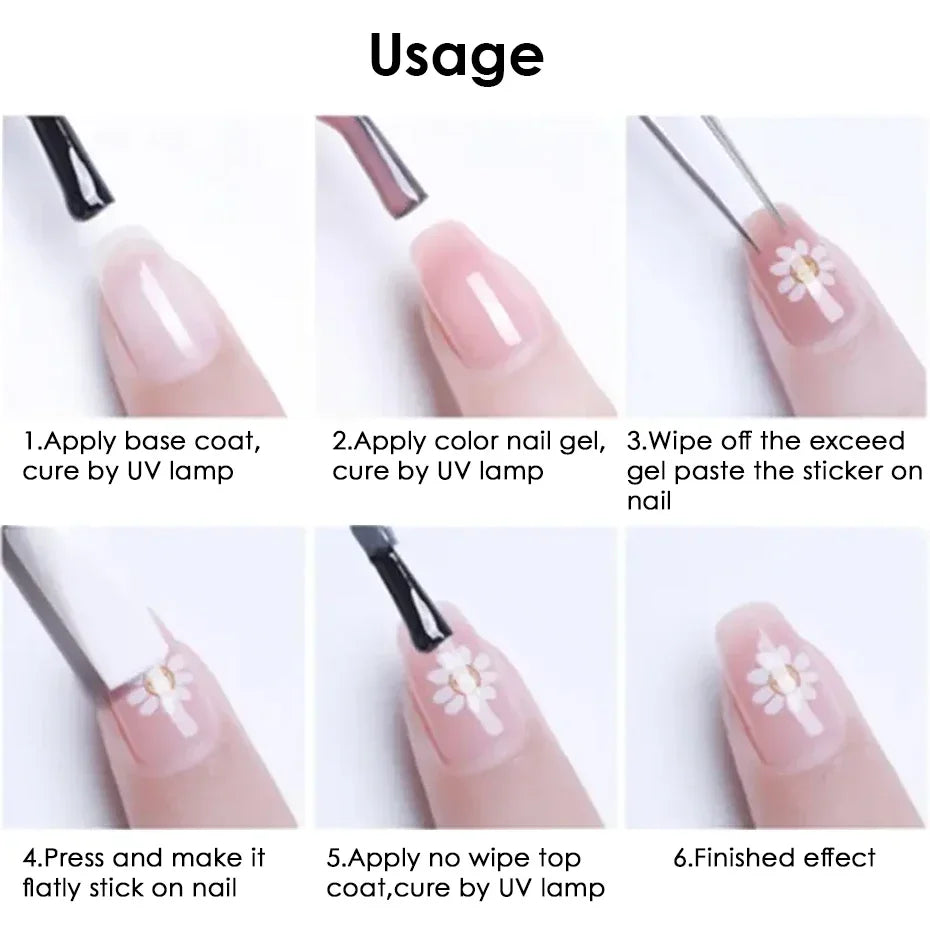 Instructions showing how to apply and use embossed floral nail stickers on a fingernail.