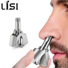 A hand holds a portable stainless steel nose and ear hair trimmer, showing the grooming tool against a man's face.