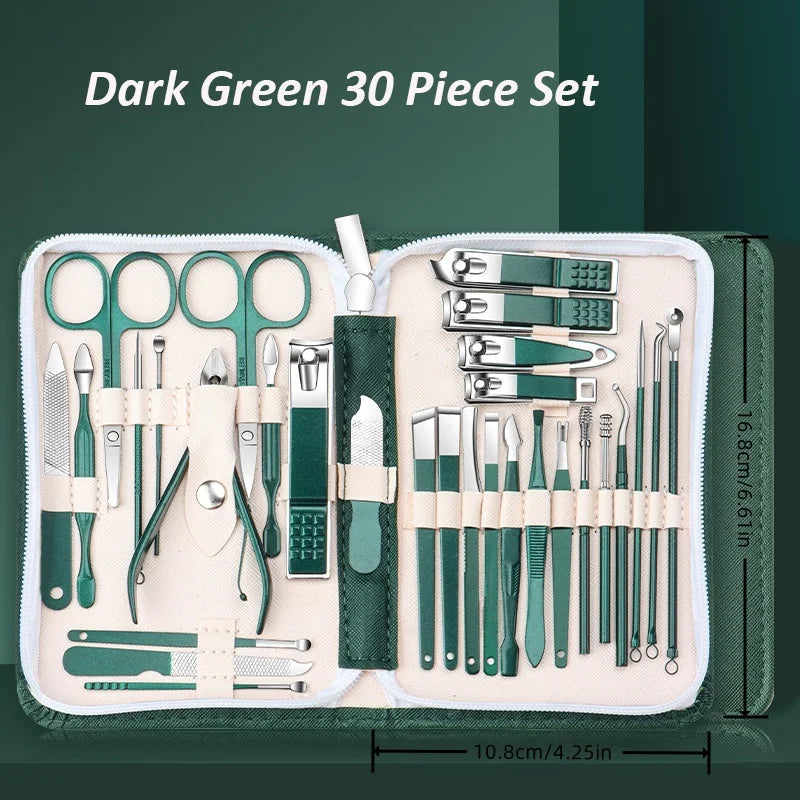 Dark green 30 piece set of professional stainless steel manicure and pedicure tools in a travel case